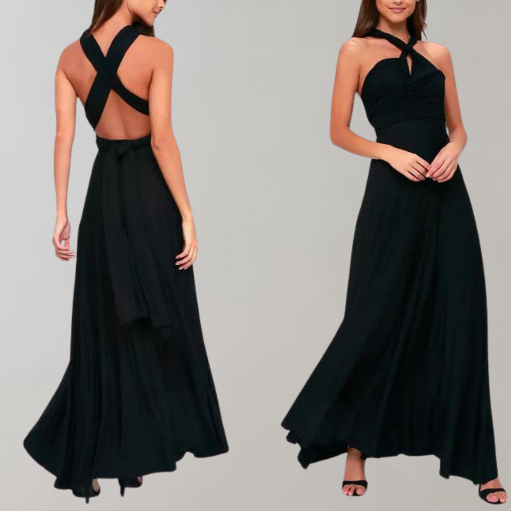 Women's Evening Gown - Floor-Length Wrap Dress - Deep V-Neck Sleeveless Elegant Fit