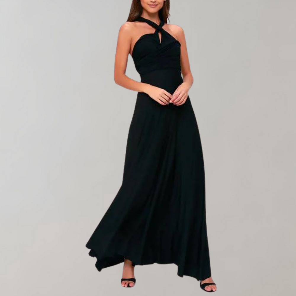 Women's Evening Gown - Floor-Length Wrap Dress - Deep V-Neck Sleeveless Elegant Fit