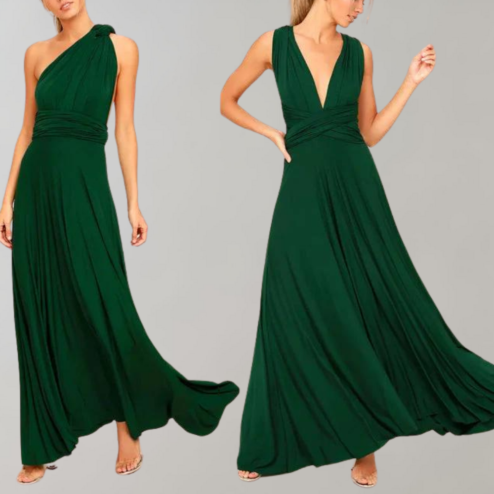 Women's Evening Gown - Floor-Length Wrap Dress - Deep V-Neck Sleeveless Elegant Fit