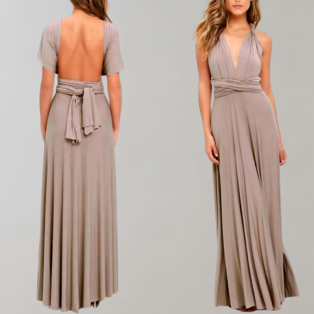 Women's Evening Gown - Floor-Length Wrap Dress - Deep V-Neck Sleeveless Elegant Fit
