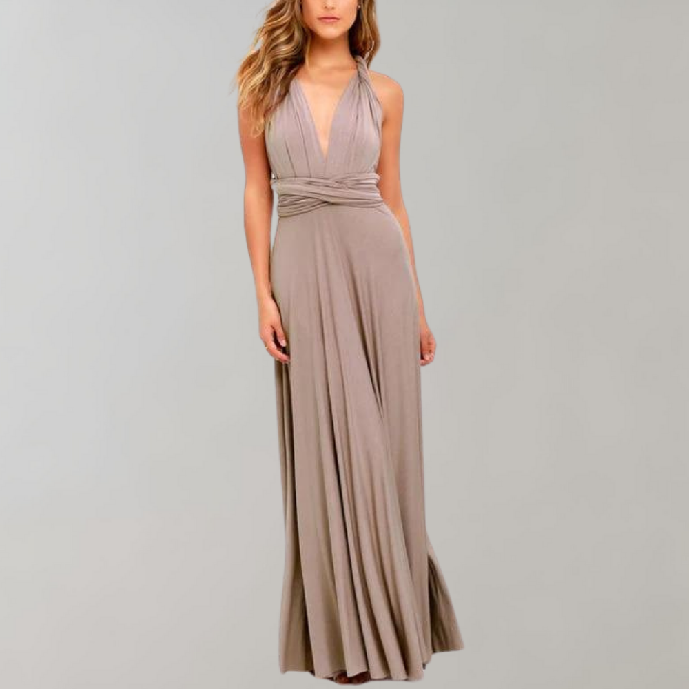 Women's Evening Gown - Floor-Length Wrap Dress - Deep V-Neck Sleeveless Elegant Fit
