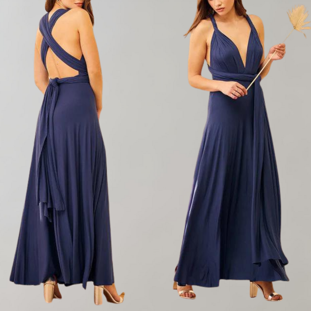 Women's Evening Gown - Floor-Length Wrap Dress - Deep V-Neck Sleeveless Elegant Fit