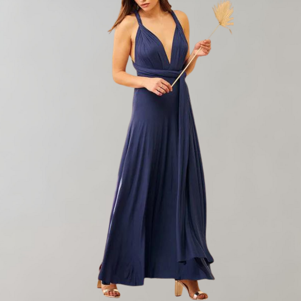 Women's Evening Gown - Floor-Length Wrap Dress - Deep V-Neck Sleeveless Elegant Fit