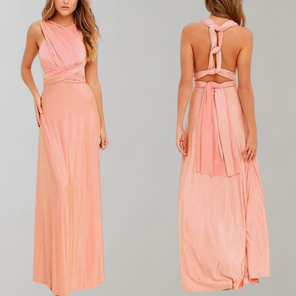 Women's Evening Gown - Floor-Length Wrap Dress - Deep V-Neck Sleeveless Elegant Fit