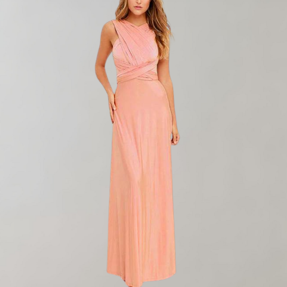 Women's Evening Gown - Floor-Length Wrap Dress - Deep V-Neck Sleeveless Elegant Fit