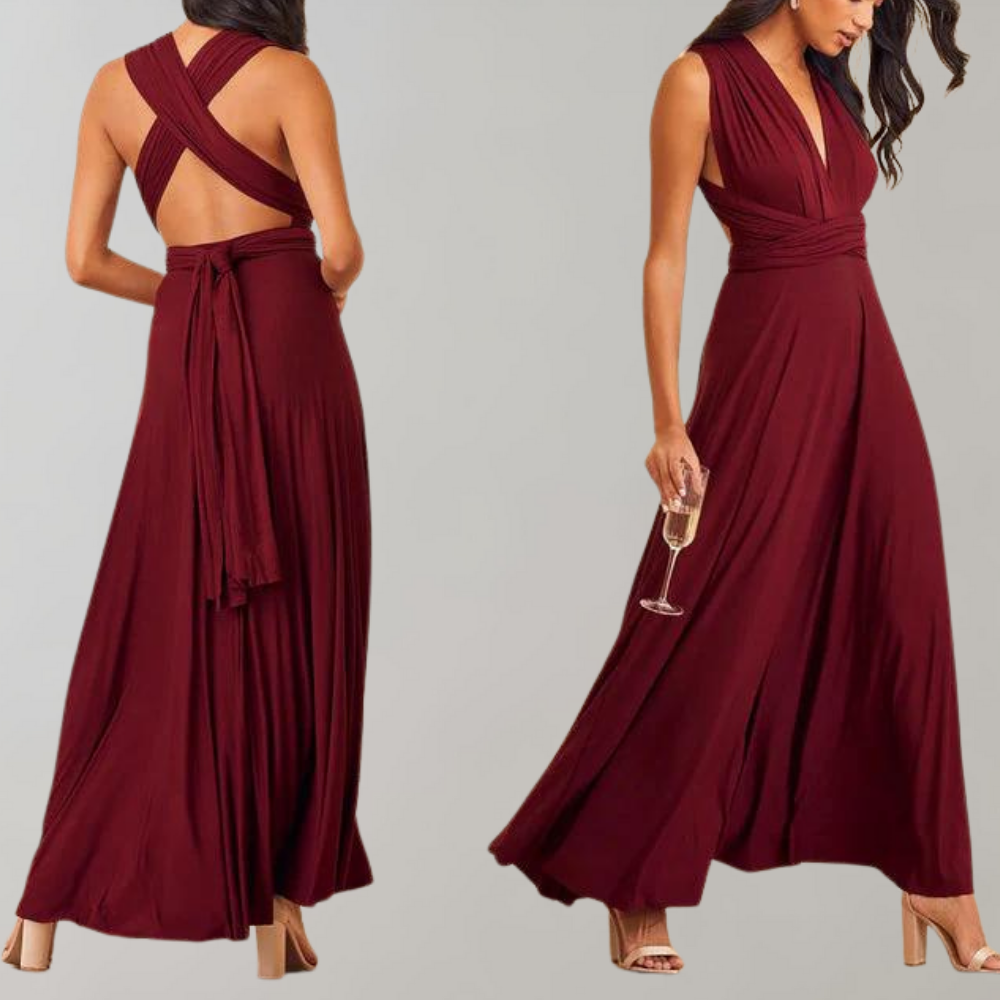 Women's Evening Gown - Floor-Length Wrap Dress - Deep V-Neck Sleeveless Elegant Fit