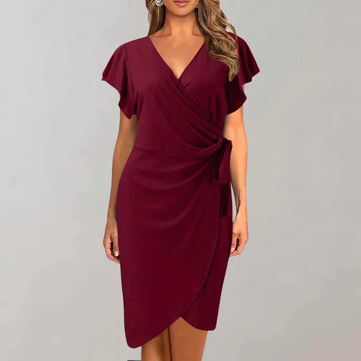 Women's Wrap Dress - Sheath Fit - V-Neck - Short Flutter Sleeves - Knee Length