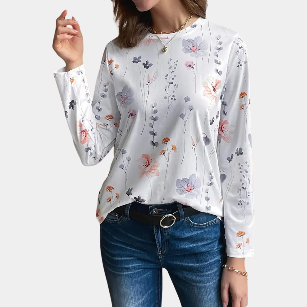 Women's Blouse - Floral Print - Long Sleeve Relaxed Fit