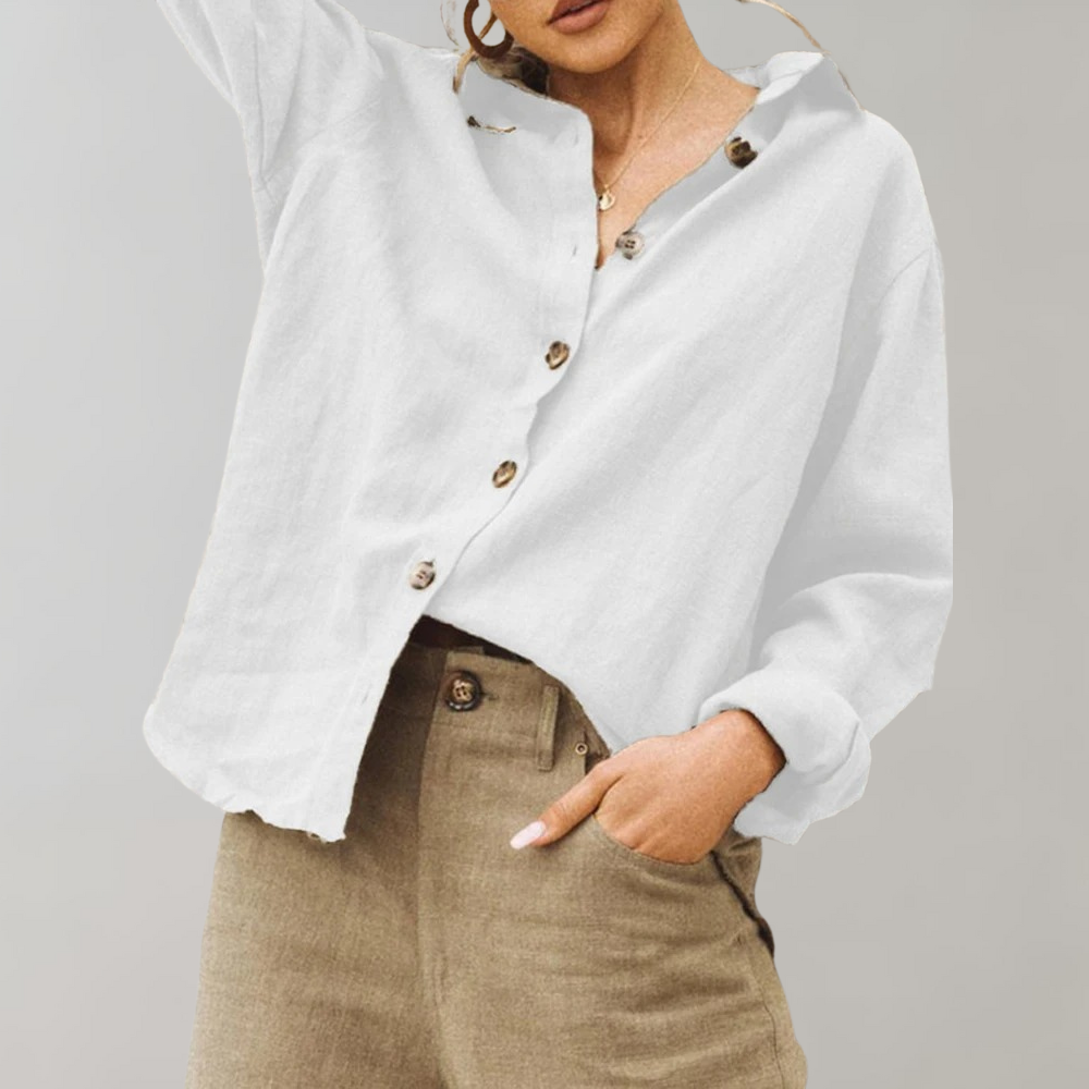 Women's Linen Button-Up Blouse - Relaxed Fit - Long Sleeve Lightweight Casual Wear