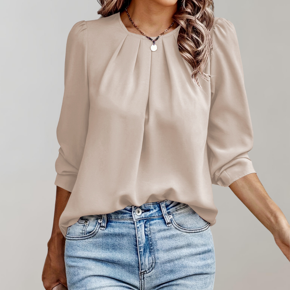 Women's Blouse - Puff Sleeve - Pleated Round Neck - Lightweight Flowy Fit