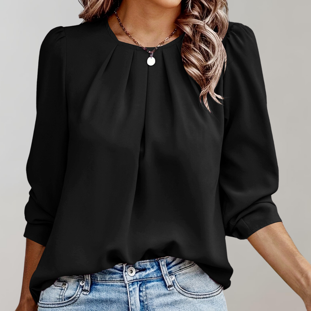 Women's Blouse - Puff Sleeve - Pleated Round Neck - Lightweight Flowy Fit