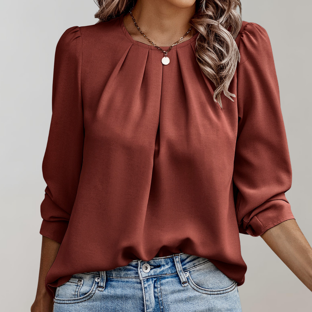 Women's Blouse - Puff Sleeve - Pleated Round Neck - Lightweight Flowy Fit