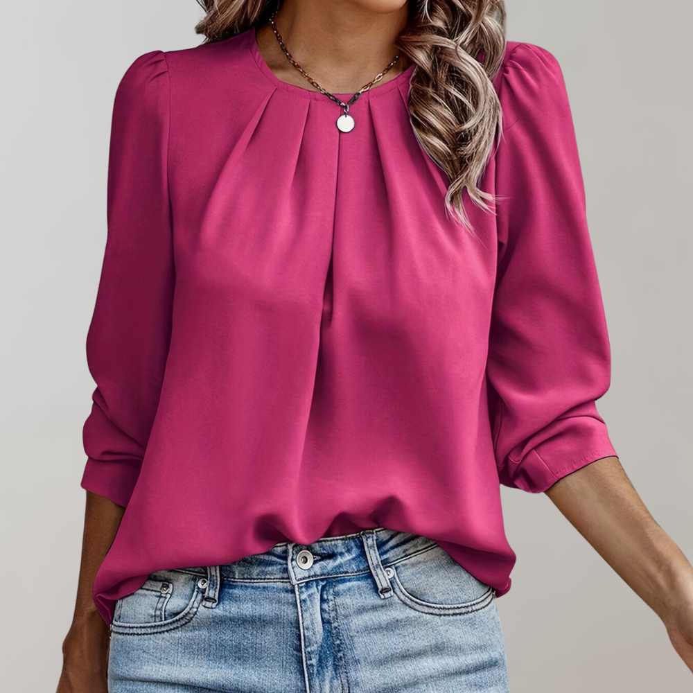 Women's Blouse - Puff Sleeve - Pleated Round Neck - Lightweight Flowy Fit