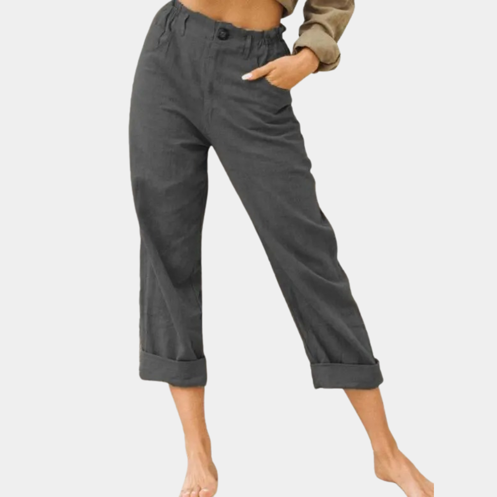 Women's High-Waisted Trousers - Relaxed Fit - Ankle-Length with Drawstring Waist