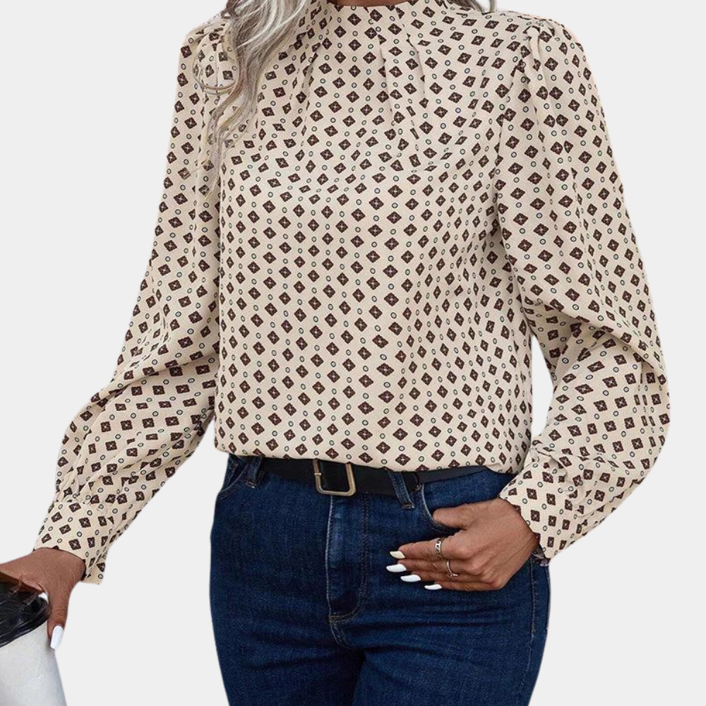 Women's Blouse - Long Sleeve - Geometric Print - Relaxed Fit - Elegant Casual Wear