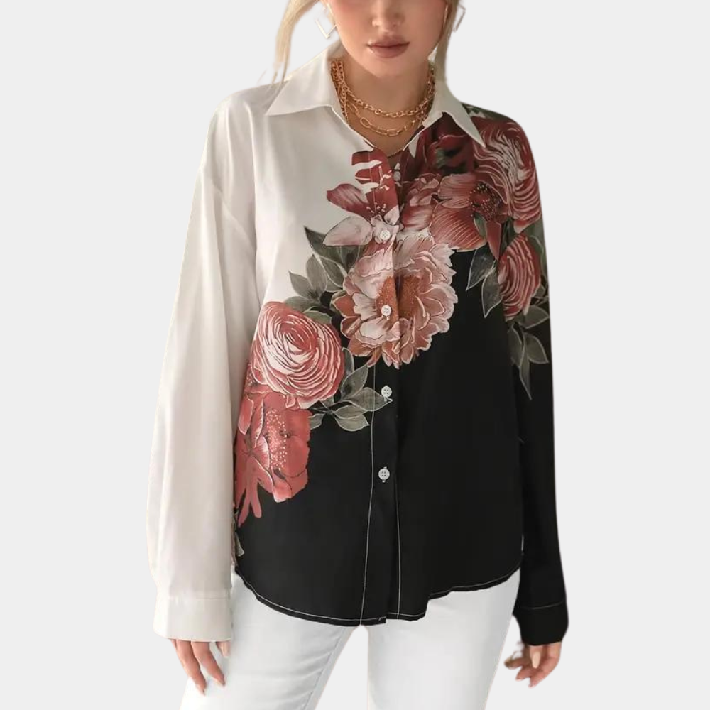 Women's Button-Up Blouse - Collared Neckline - Long Sleeve - Floral Contrast Design