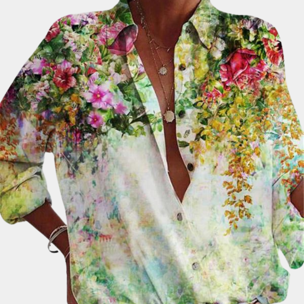 Women's Button-Up Blouse - Collared Neckline - Long Sleeve - Floral Contrast Design