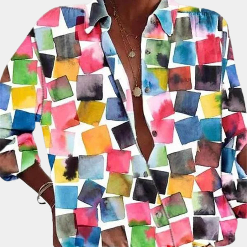 Women's Button-Up Blouse - Collared Neckline - Long Sleeve - Floral Contrast Design