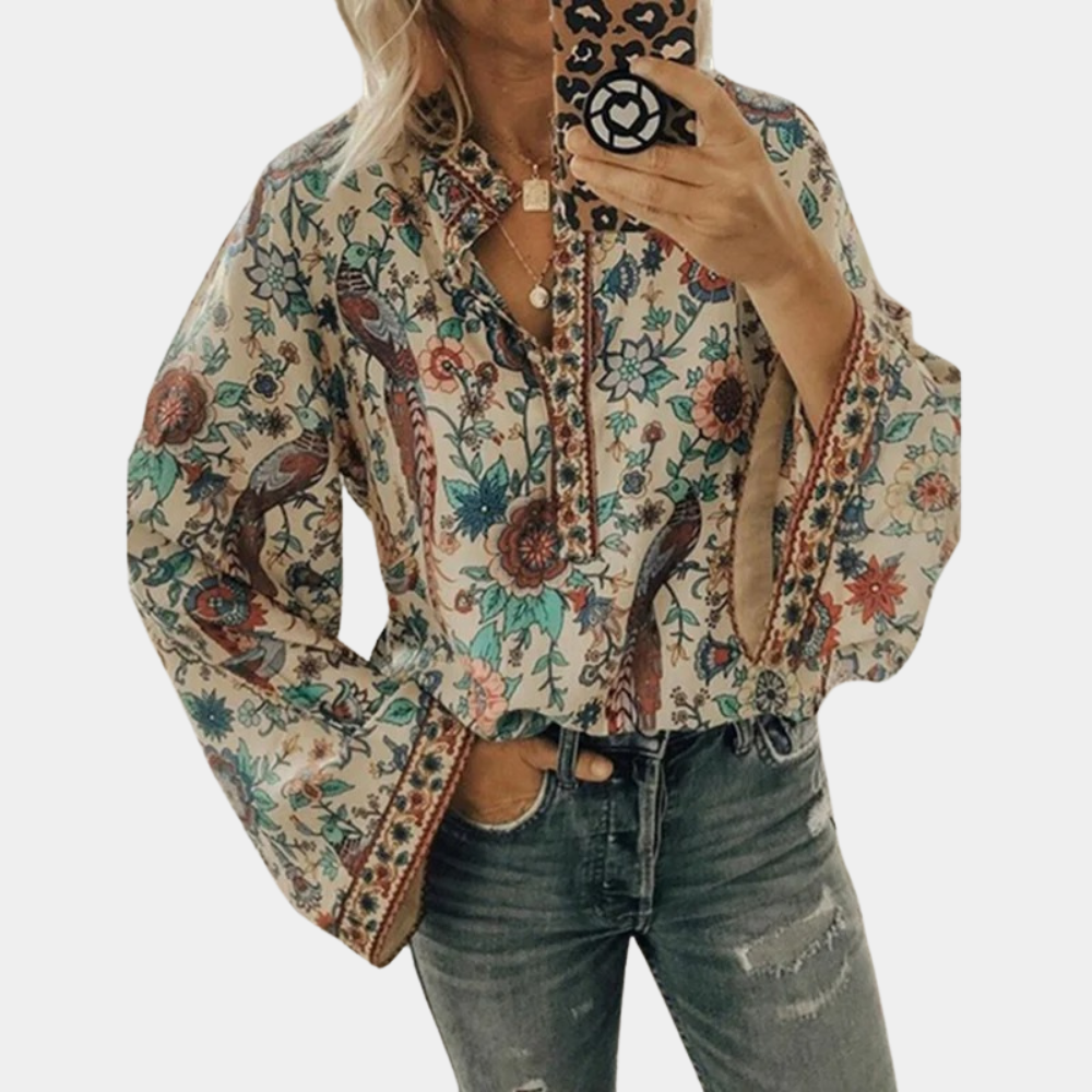 Women's Bohemian Blouse - Loose Fit - Bell Sleeves - Split Neckline - Floral Print