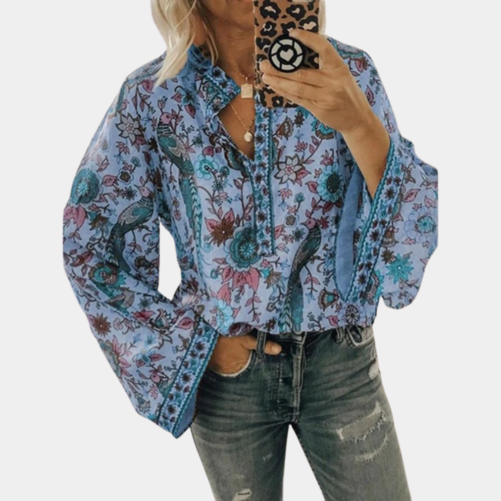 Women's Bohemian Blouse - Loose Fit - Bell Sleeves - Split Neckline - Floral Print
