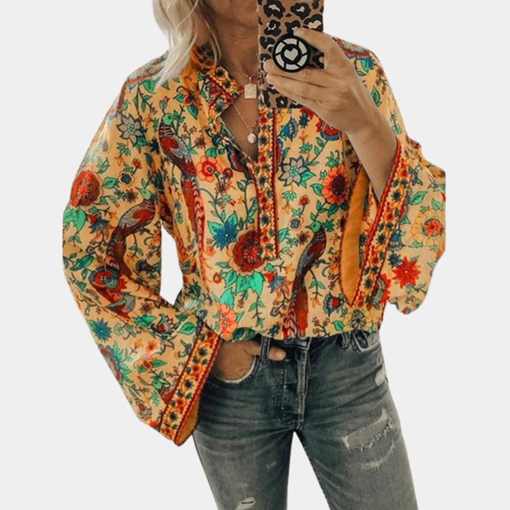Women's Bohemian Blouse - Loose Fit - Bell Sleeves - Split Neckline - Floral Print