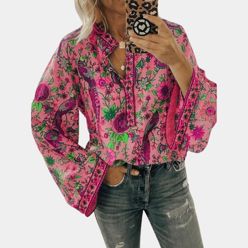 Women's Bohemian Blouse - Loose Fit - Bell Sleeves - Split Neckline - Floral Print