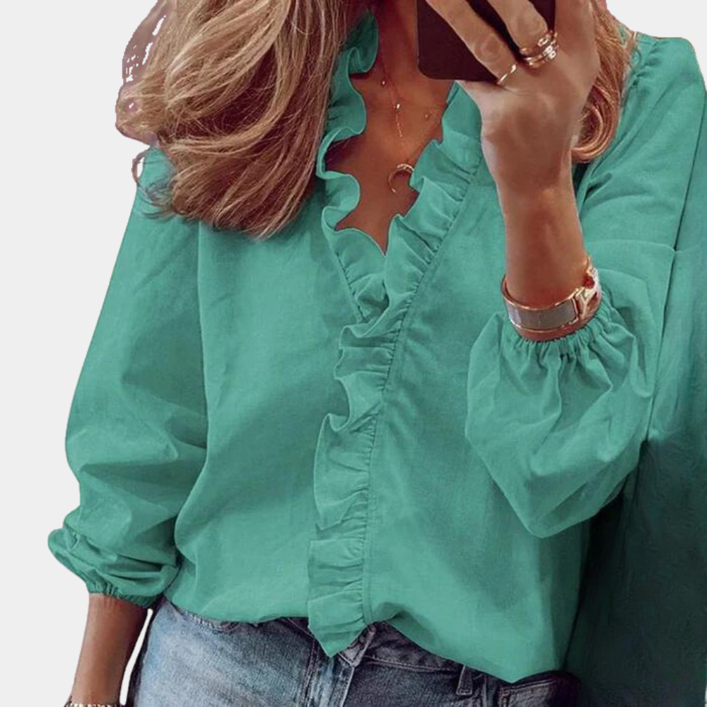 Women's Blouse - Ruffled V-Neck - Long Sleeve - Soft Relaxed Fit