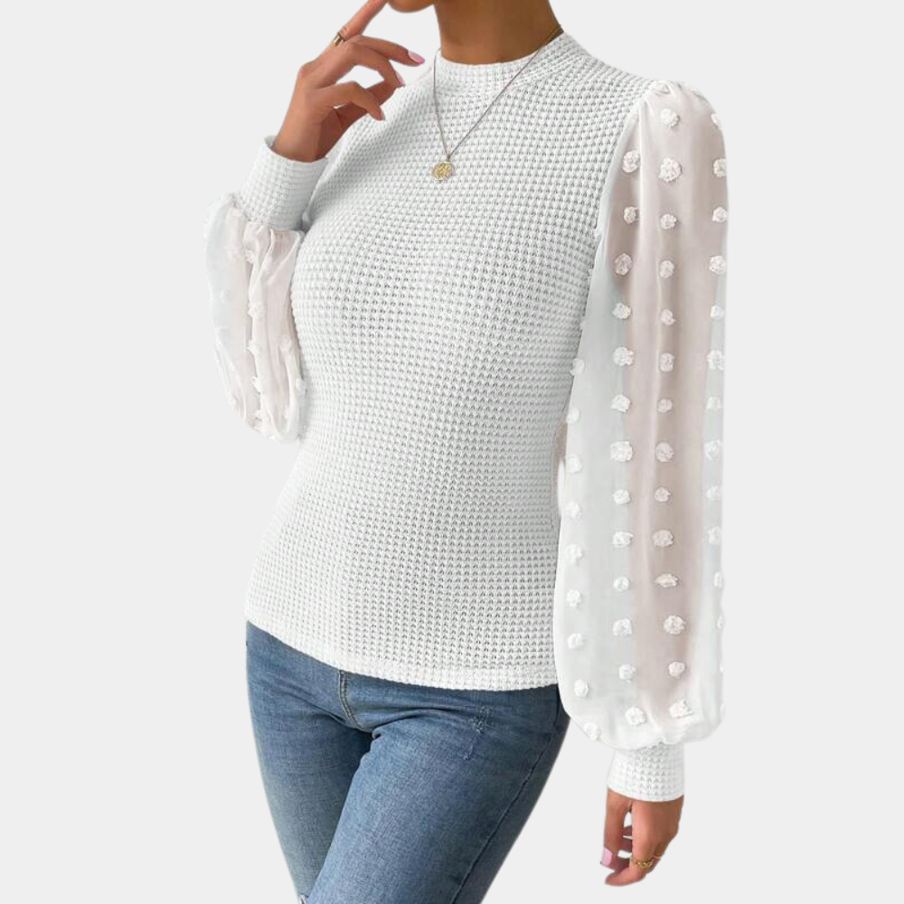 Women's Blouse - Textured Knit Bodice - Sheer Balloon Sleeves - Elegant Fit