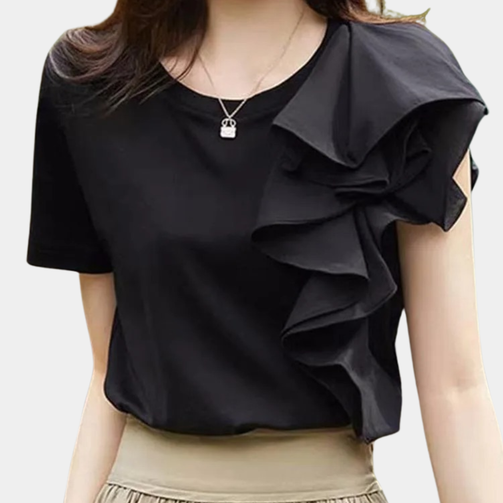 Women's Blouse - Short Sleeve - Asymmetrical Ruffle Detail - Fitted Elegant Top