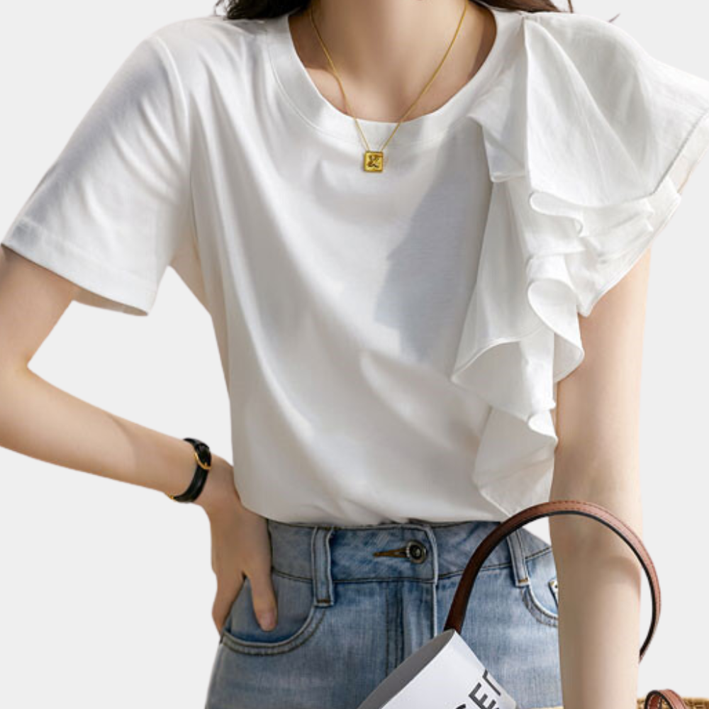 Women's Blouse - Short Sleeve - Asymmetrical Ruffle Detail - Fitted Elegant Top