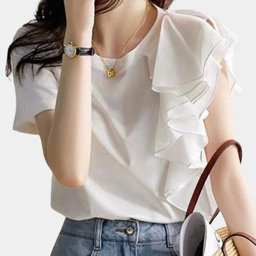 Women's Blouse - Short Sleeve - Asymmetrical Ruffle Detail - Fitted Elegant Top