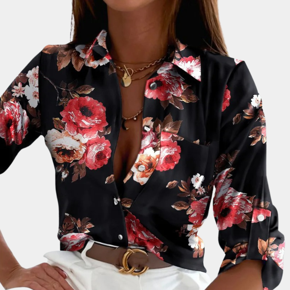 Women's Blouse - Floral Print - Button Down - Long Sleeve Elegant Fit