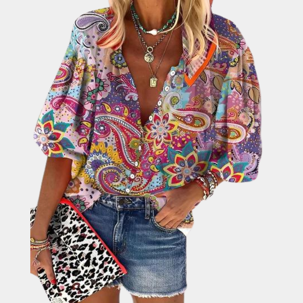Retro Printed Stand Collar Shirt