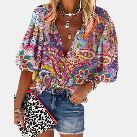 Retro Printed Stand Collar Shirt