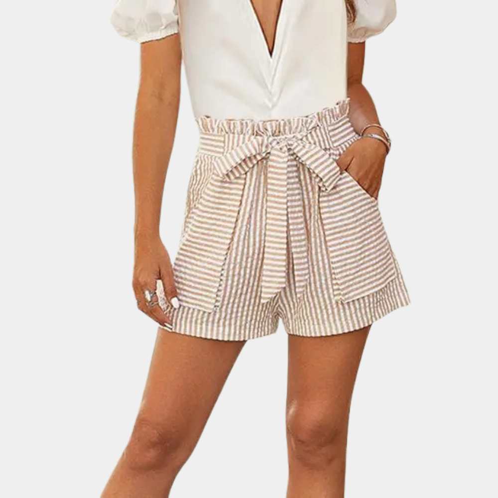 Women’s High-Waisted Shorts - Paperbag Waist - Tie Belt - Relaxed Fit - Striped