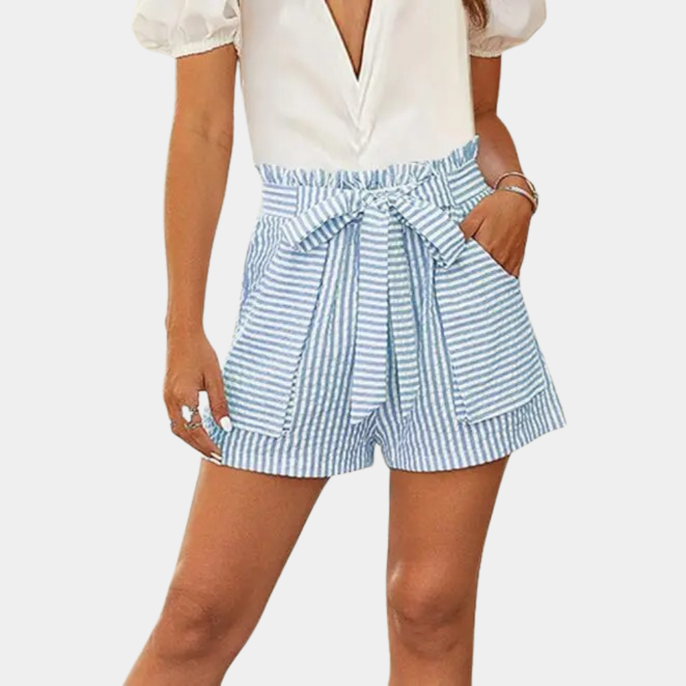 Women’s High-Waisted Shorts - Paperbag Waist - Tie Belt - Relaxed Fit - Striped