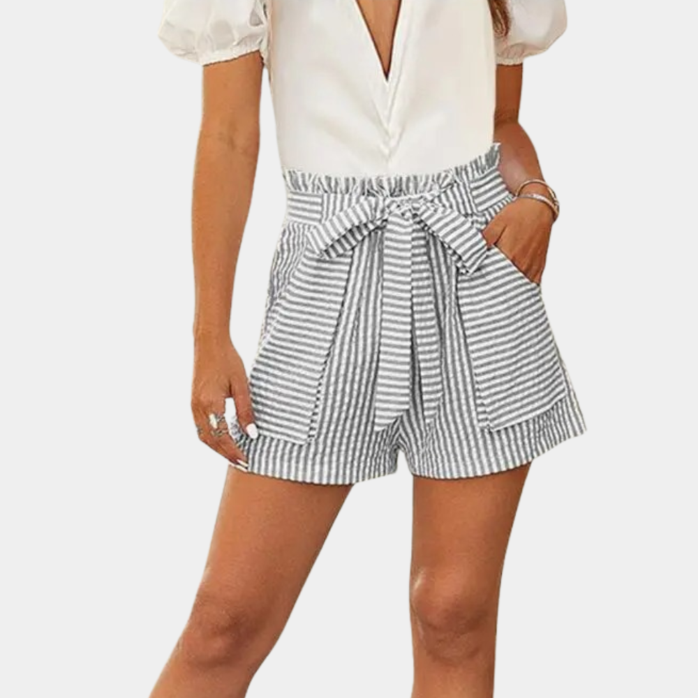 Women’s High-Waisted Shorts - Paperbag Waist - Tie Belt - Relaxed Fit - Striped