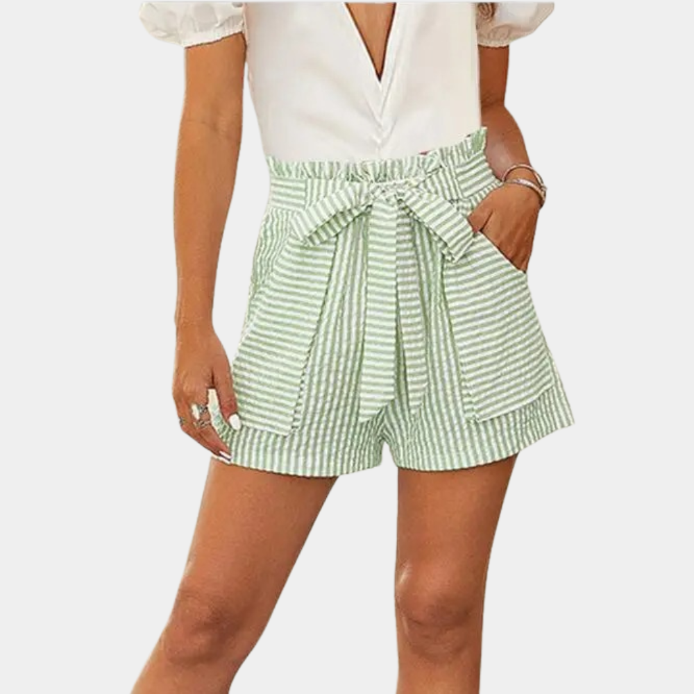 Women’s High-Waisted Shorts - Paperbag Waist - Tie Belt - Relaxed Fit - Striped