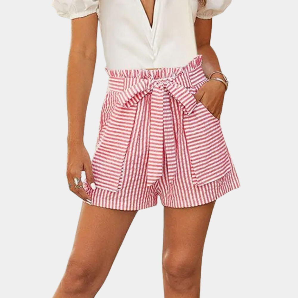 Women’s High-Waisted Shorts - Paperbag Waist - Tie Belt - Relaxed Fit - Striped