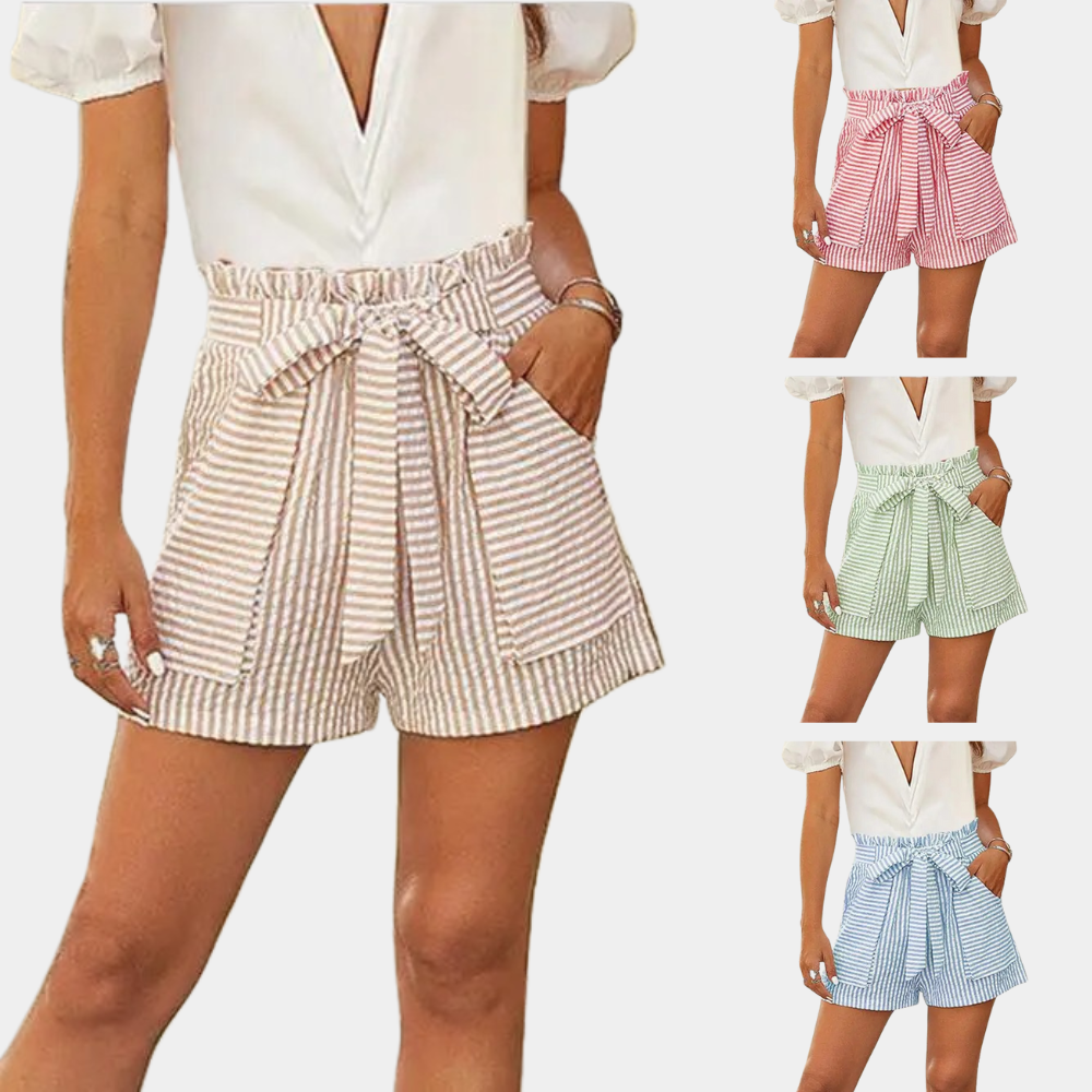 Women’s High-Waisted Shorts - Paperbag Waist - Tie Belt - Relaxed Fit - Striped