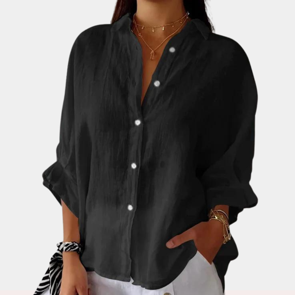 Women's Button-Down Blouse - Relaxed Fit - 3/4 Sleeve Casual Wear