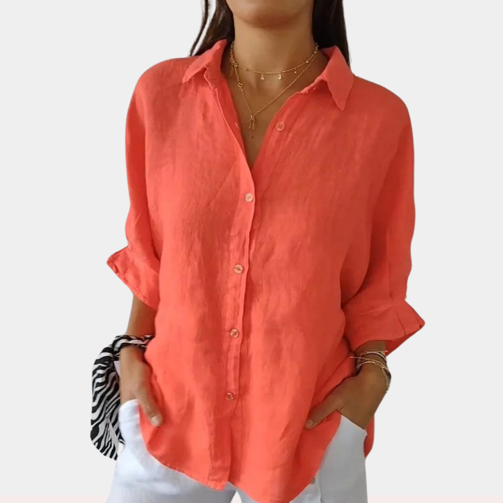Women's Button-Down Blouse - Relaxed Fit - 3/4 Sleeve Casual Wear