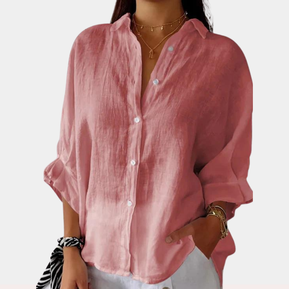 Women's Button-Down Blouse - Relaxed Fit - 3/4 Sleeve Casual Wear