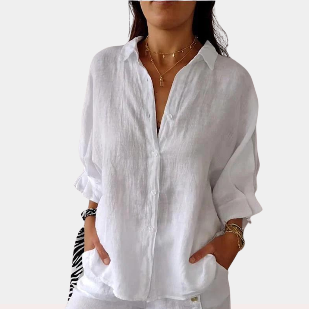 Women's Button-Down Blouse - Relaxed Fit - 3/4 Sleeve Casual Wear