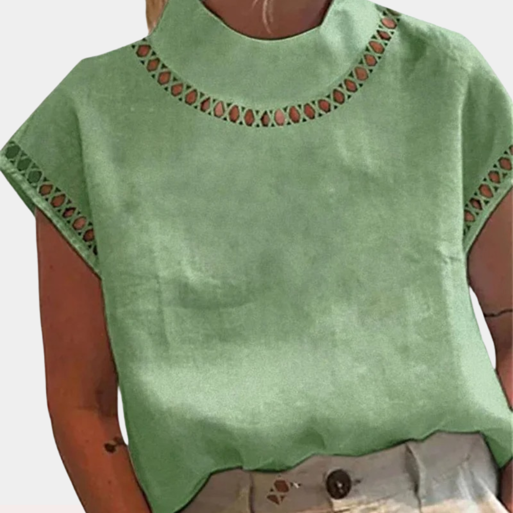 Women's Lace Blouse - High Neck - Short Sleeve Elegant Cut-Out Detailing Loose Fit