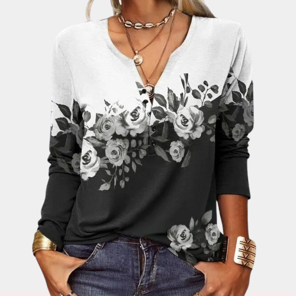 Women's V-Neck Blouse - Long Sleeve - Relaxed Fit - Floral Print Casual Top