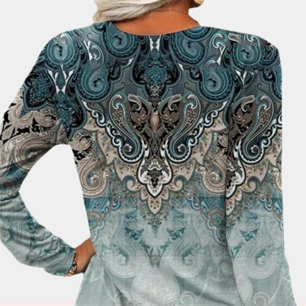 Women's V-Neck Blouse - Long Sleeve - Relaxed Fit - Floral Print Casual Top