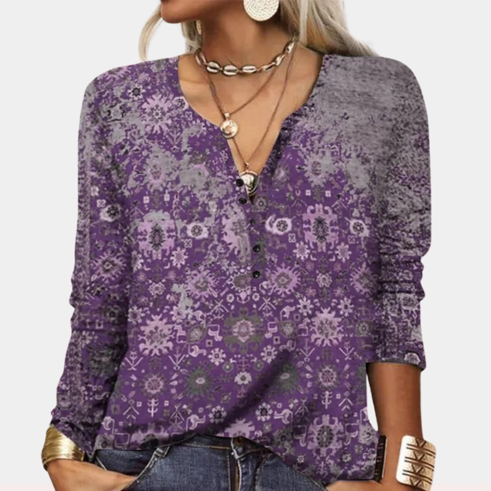 Women's V-Neck Blouse - Long Sleeve - Relaxed Fit - Floral Print Casual Top