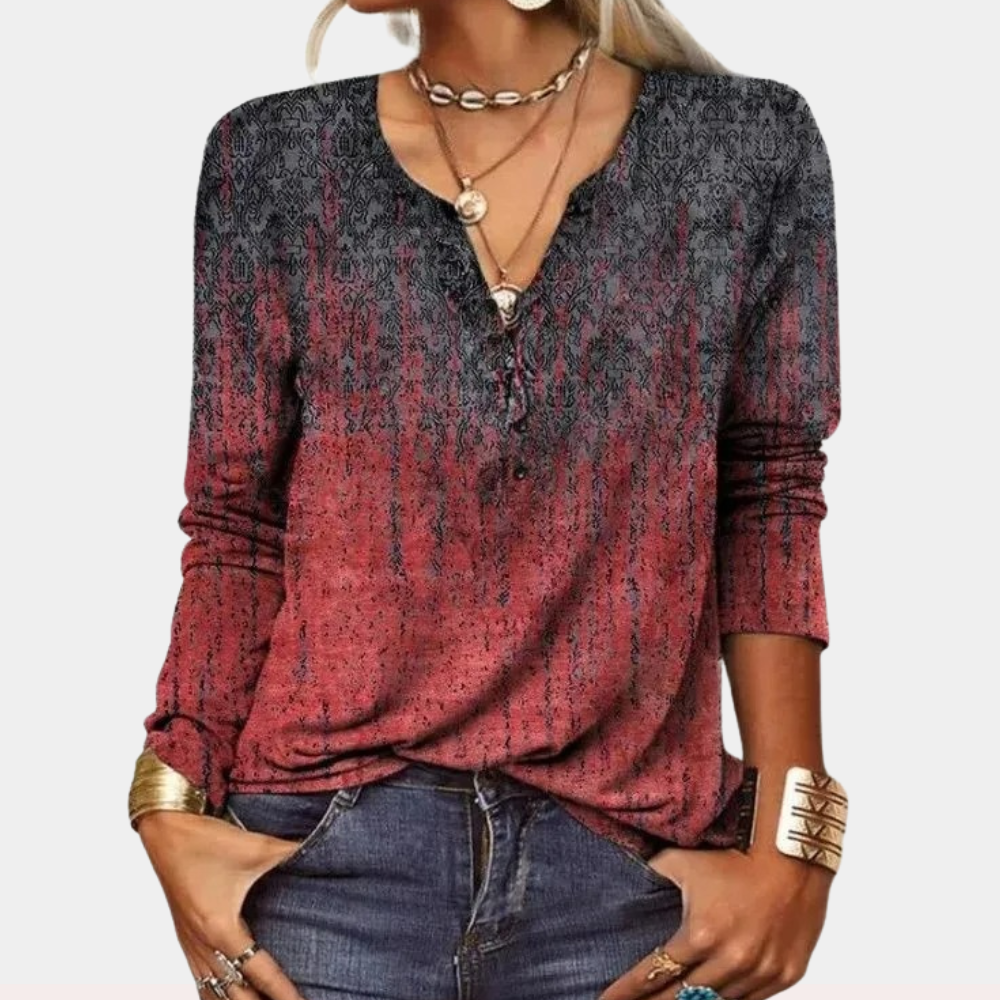 Women's V-Neck Blouse - Long Sleeve - Relaxed Fit - Floral Print Casual Top