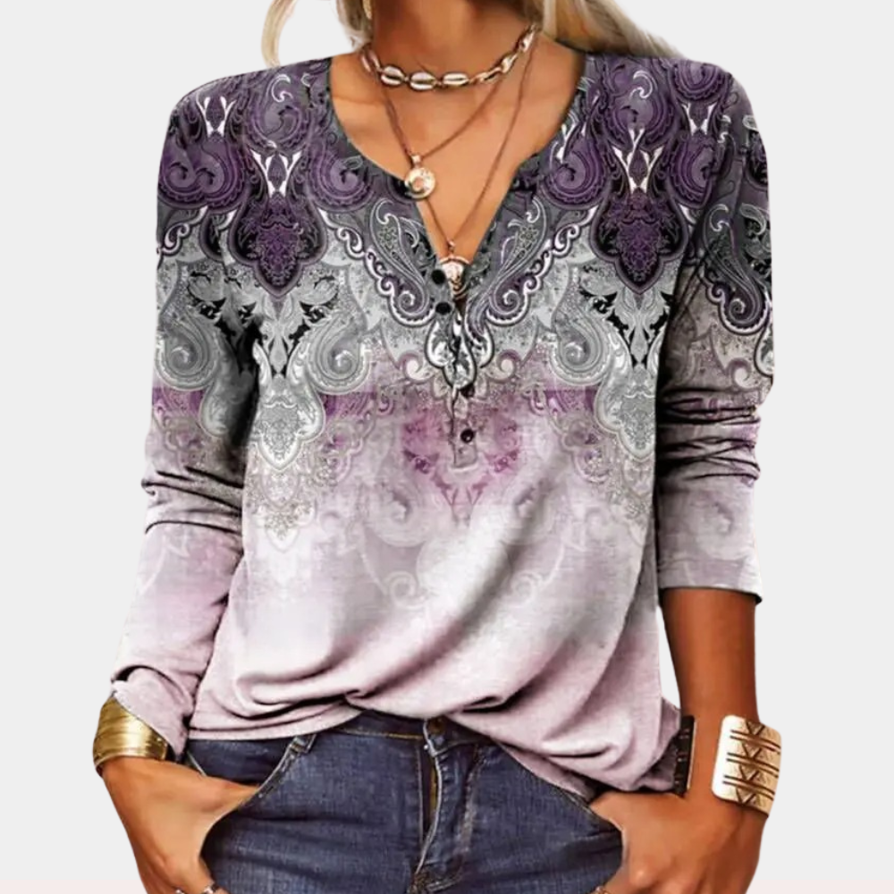 Women's V-Neck Blouse - Long Sleeve - Relaxed Fit - Floral Print Casual Top